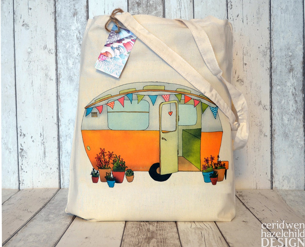 Vintage Yellow Caravan Illustration Eco Cotton Tote Bag
