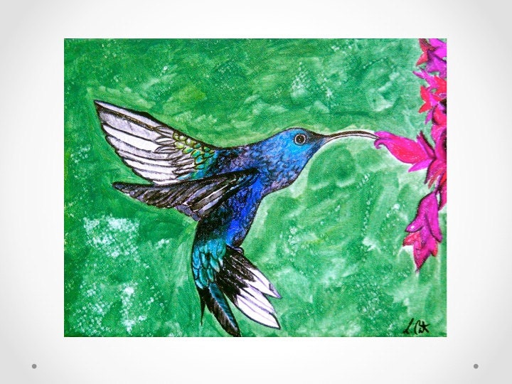 Hummingbird Painting - Acrylic Painting - Bird Art - Green Pink - Wall Decor - Original Painting - 8.5x11