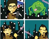 Ghostbusters in the City - set of 4 Square 8.5" Prints with Venkman, Slimer, Stay Puft, Egon & Ray