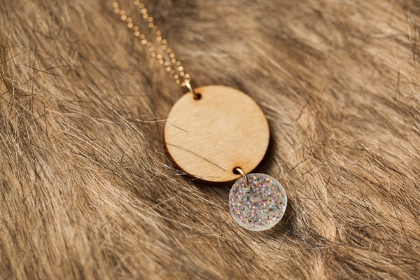 Minimal Wood and Cosmic Glitter Laser Cut Geo Necklace - Spring Collection
