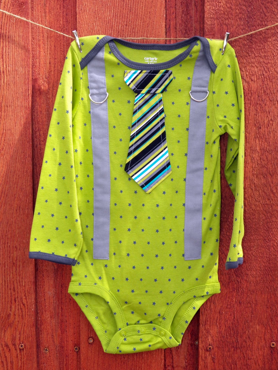 READY TO SHIP - Baby Boy Tie Onesie with Suspenders - Lime and Grey - Birthday, Photo Prop, Holiday - 24 Month Long Sleeve