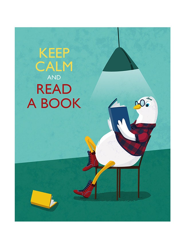 Keep Calm Goose Book Digital Vector Illustration Print Home Decor Green Blue Turquoise