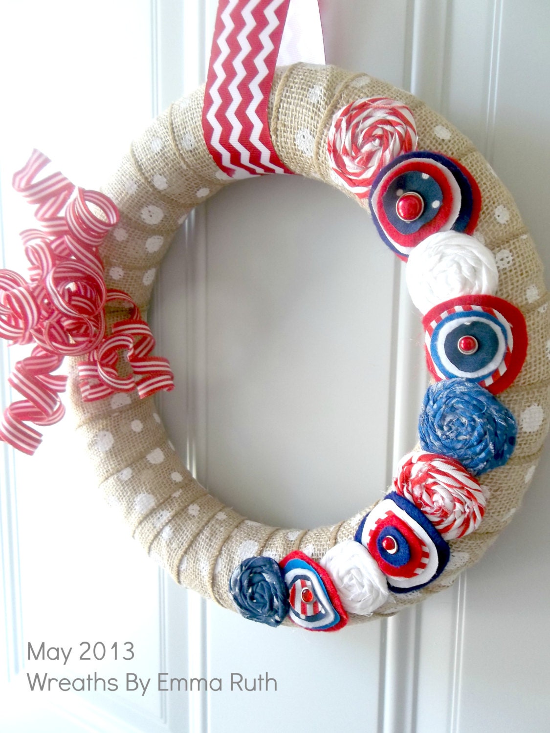 Memorial Day 4th of July Red White Blue Yarn Polka Dot Burlap Wreath with Korker Ribbon