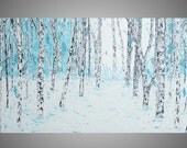 72 x 24 Large Painting Black Grey White Turquoise Birch Forest Wood Trees 3D Textured Ready to Hang Express FREE SHIPPING