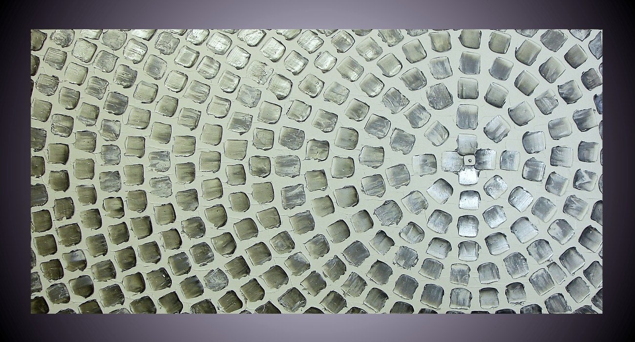 48 x 24 Large Painting Abstract Modern Art Wall deco Textured White Metallic Silver Squares Ready to Hang FREE SHIPPING