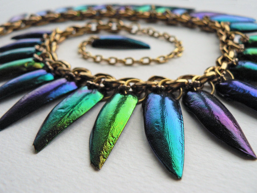 Jewel Beetle Necklace, beetlewing jewellery, full spectrum of iridescent beetlewings, unique gift for her.