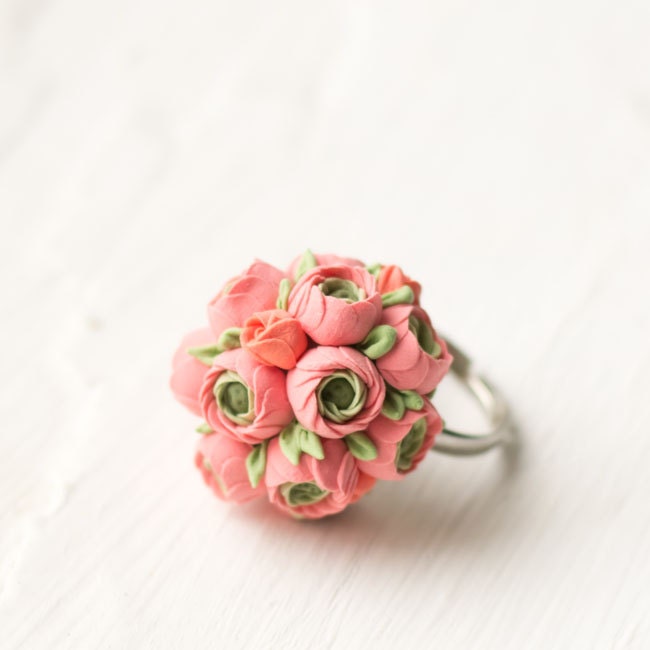 Peach wedding - peach bouquet - peach flower - peach flower - peach ring - ring flower - adjustable ring - flower jewelry