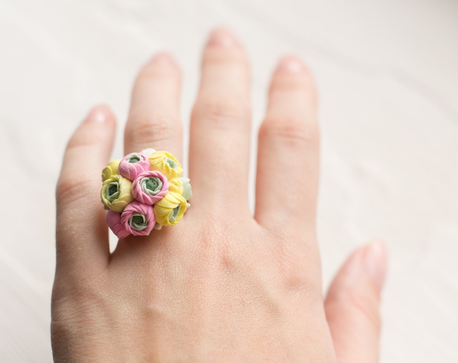 Yellow and pink ranunculus flower ring - ranunculus bouquet miniature flower ring ooak ring, spring wedding