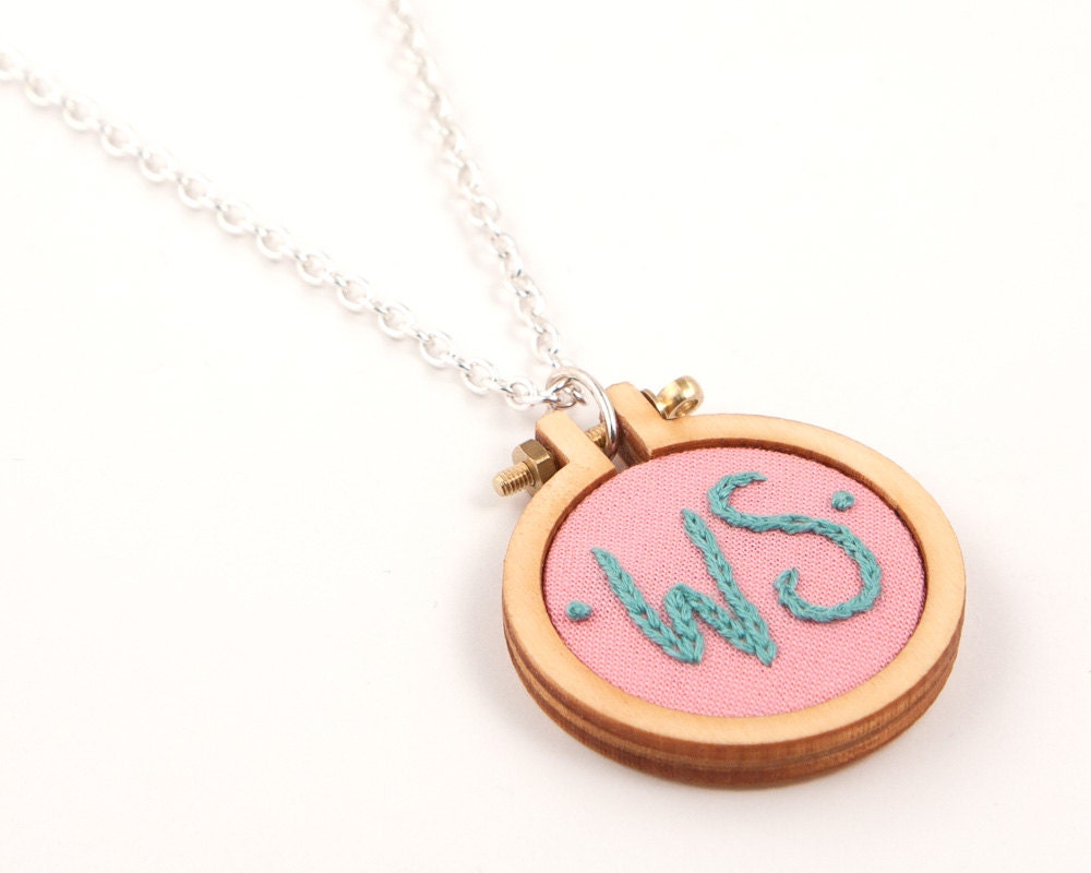 Embroidered initial necklace - pink, spearmint, blue, orange, lavender, purple - personalised in a miniature embroidery hoop