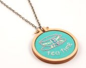 Tea time embroidery hoop necklace - CUP of TEA - spearmint, pink and lemon - miniature hoop - made with love by dandelyne