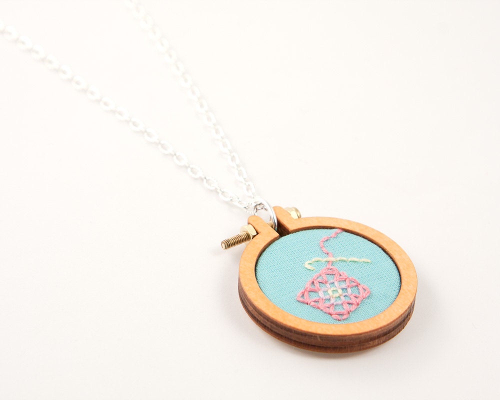 Crochet granny square embroidered necklace - spearmint, pink, lemon and lilac - mini embroidery hoop - made with love by dandelyne