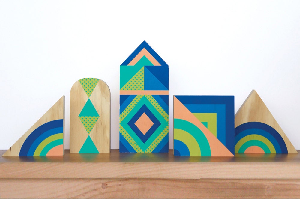 SET FOUR Geometric Blue Space Woodys: ornaments or bookends