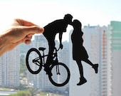 Bicycle Kissing Couple Handmade Original Papercut First Wedding Anniversary Paper Gift: Hand-Cut Paper Art Silhouette (UNFRAMED)