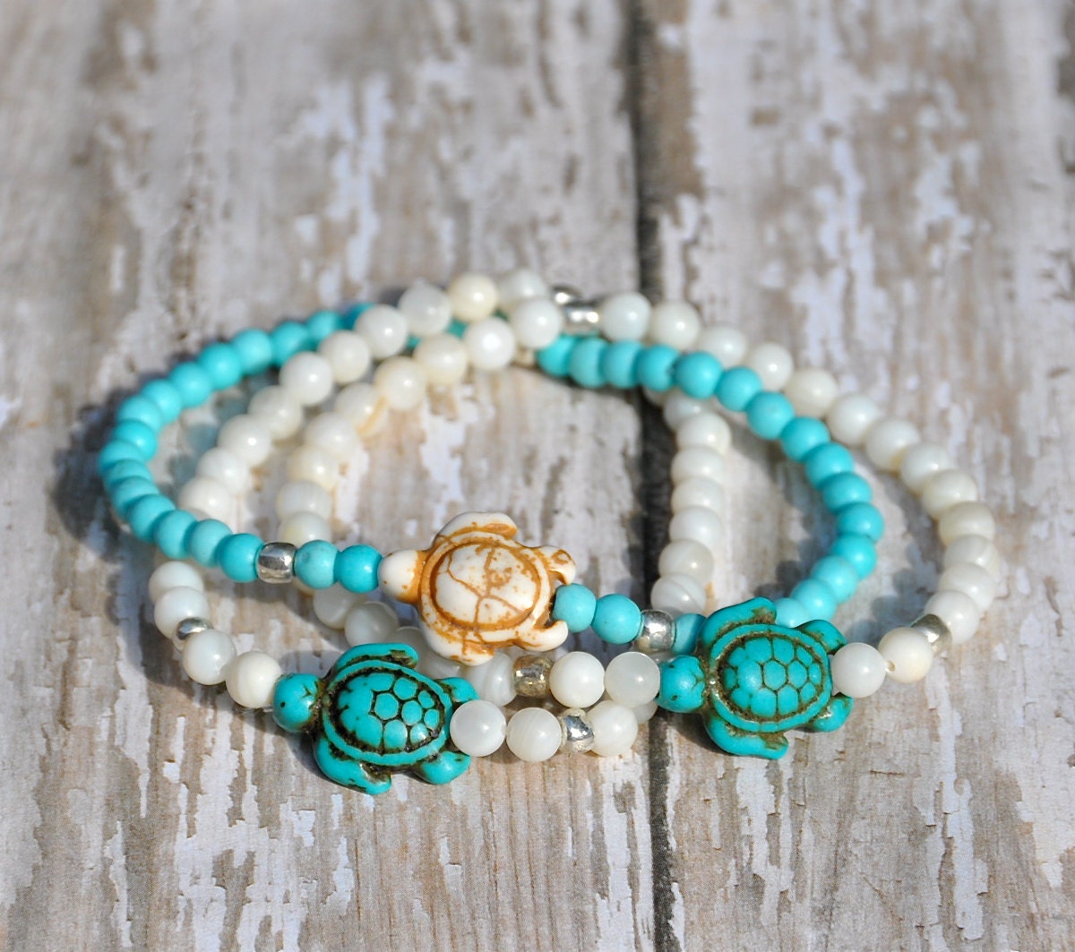 NEW Swimming Sea Turtle Bracelets / Beaded Bracelets / Set of 2