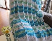BLANKET/AFGHAN in Turquoise, White and Green. Beautiful, Soft Bedspread and matching Pillow.
