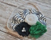 So Nautical. White rosette with navy and green shabby chiffon flowers, on white and navy print ruffle.