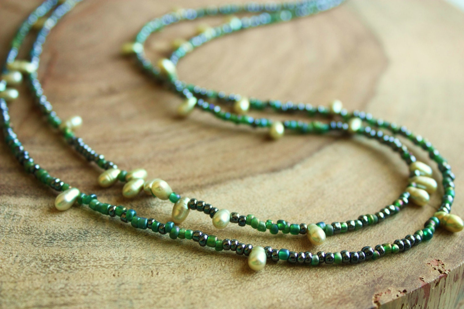 Water Goddess Fresh Water Pearl Silver Green and Grey Blue Beaded Layered Strand Necklace Summer Bohemian