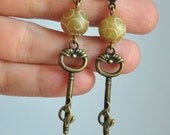Earrings,carved jade,Keys,Antique Bronze, post earrings flowers