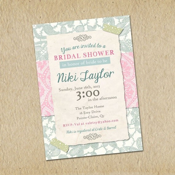 Bridal Shower Invitation- Shabby chic, vintage inspired, pinks and green floral lace - Customized, Digital, Printable designs Il_570xn