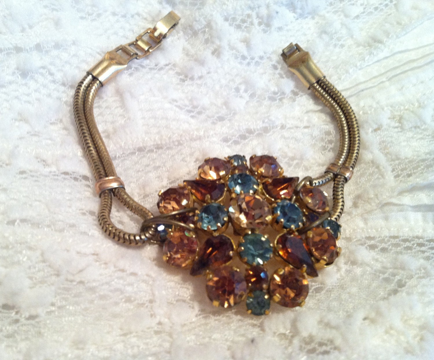Vintage 50's Topaz Blue Austria Rhinestone Blossom Bracelet