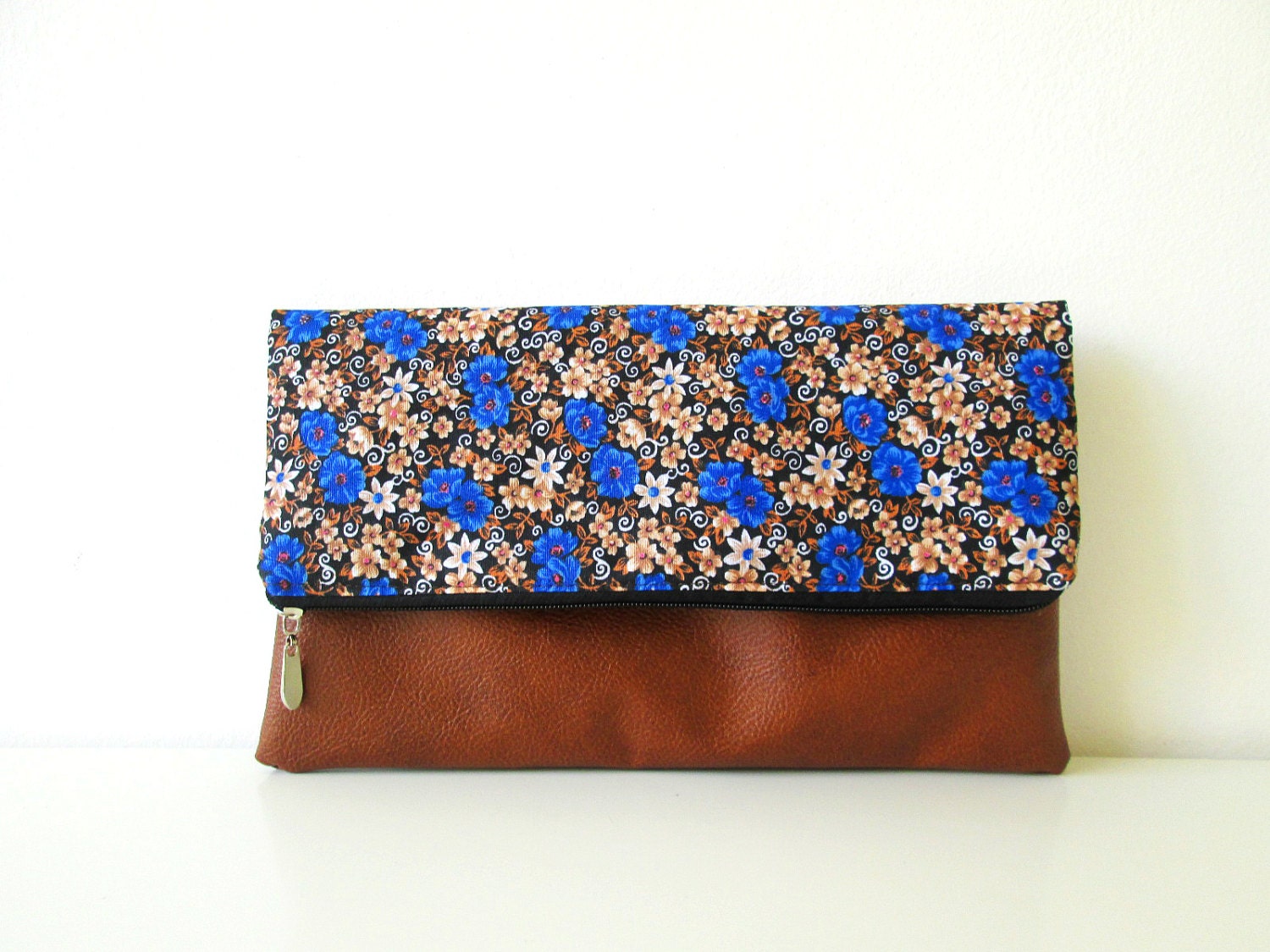 Boho Clutch Purse, Fold over clutch, Bohemian,  Vintage flower pattern, Vegan leather, Blue , Brown