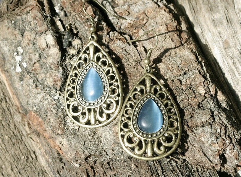 Brass And Turquoise Glass Earrings Cats Eye Blue Azure Teardrop Glass Cyan Earrings Metalwork Brass Earrings