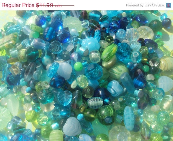 40% OFF SALE Ocean Sea Dream Blue Green Shell, Glass, Plastic Sampler Bead Mix 50 Piece Set 4-30mm
