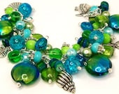 Caribbean Ocean Beach Charm Bracelet Chunky Beaded Beads Baubles Silver Plated Cha Cha Charms Beach Jewelry