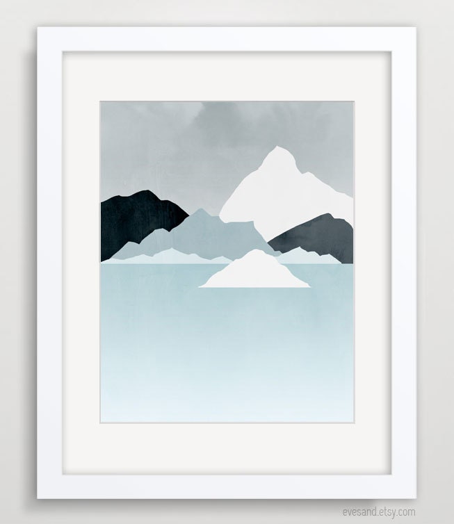 Minimal Abstract Landscape Art, Mountains, Minimalist Poster, Blue and Grey, Iceberg