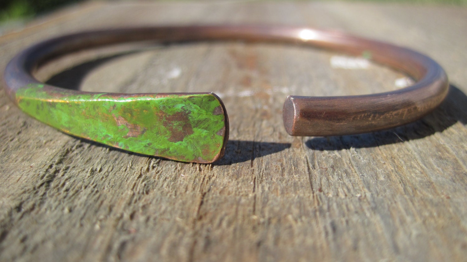 Copper Bangle with mossy green patina- Hammered hand forged large bracelet - CopperTreeArt
