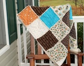 Large Rag Throw  Quilt---AdornIt Green Owl, Green, Orange, Brown and Blue - Ready to ship