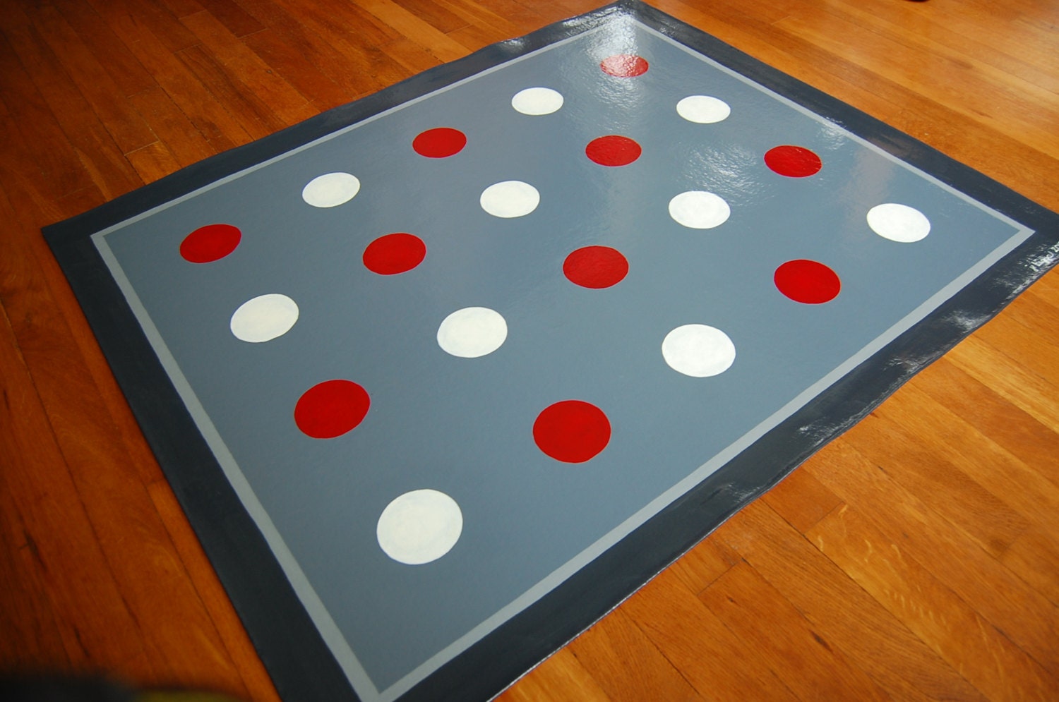 gray floorcloth with red and white polka dots, canvas art for your floor