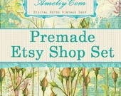 Premade ETSY SHOP SET Custom - 11 items - design for your Etsy store - Turquoise  Retro Rose - Etsy business kit