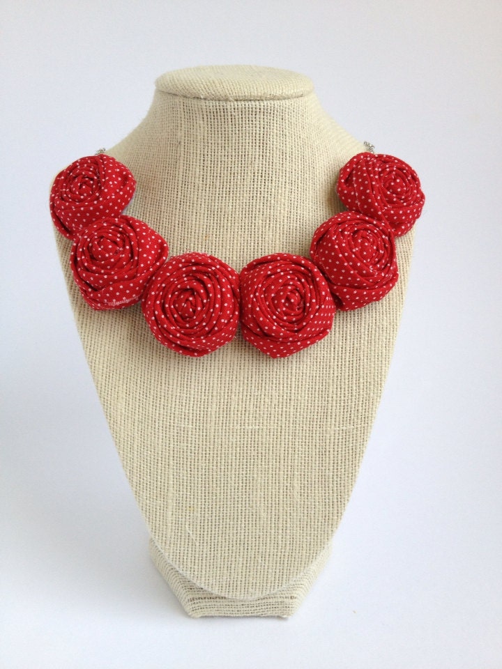 Pantone poppy Red lipstick polka dot white modern vintage retro fashion fabric flower rose rosette bib necklace silver chain gift teacher