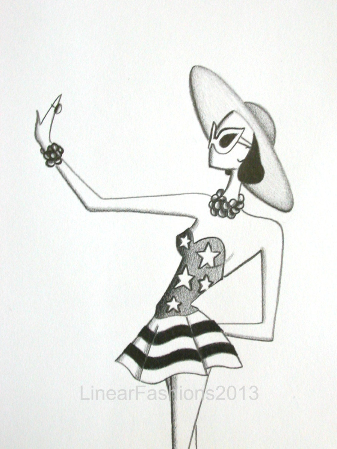 Fourth of July, fashion illustration, 1950s swimsuit, stars and stripes art, original pencil drawing, summer beach decor