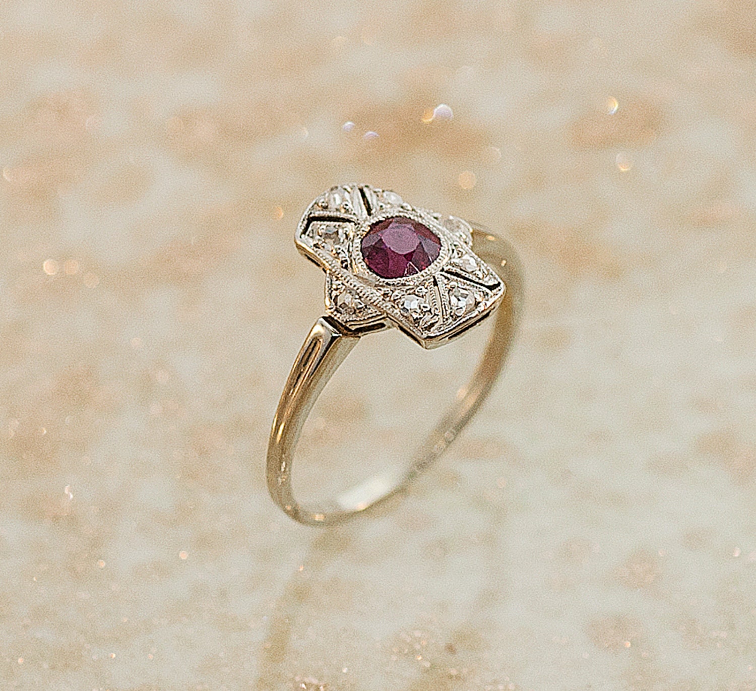 Antique Ruby Ring - 18k White Gold and Diamond Ruby Ring
