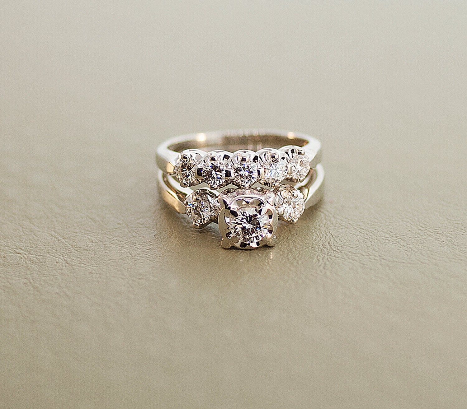 1940's Vintage White Gold Diamond Wedding Ring Set