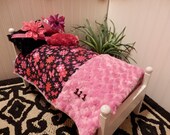 AMERICAN GIRL DOLL Bedding Handmade Beautiful. Reversible, Comforter / Blanket All in one, Pink Purple and red flowers with pink minky..