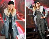 Vintage Grey Leather Fur Trim Collar Coat 1970s 70s Seventies Wolf Fur