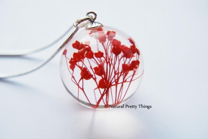 Red Real Flower Necklace Scarlet Resin Jewelry Baby's Breath Summer Jewelry Mother Love Heart