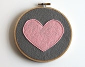 pink heart embroidery hoop art, grey flannel fabric with pink felt