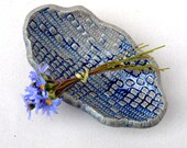 Blue Stoneware Bowl. Lace Decoration Blue Grey Ceramic Dish