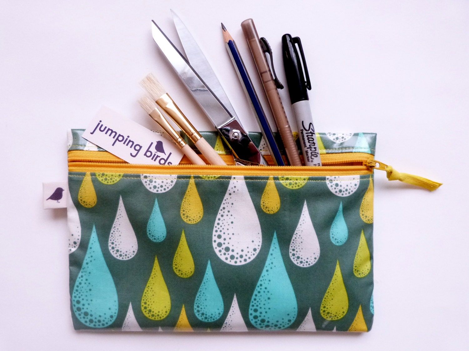 Laminated Cotton Zippy Pouch/ Kids Pencil Case/ Art Supplies Case/ Storage Pouch/ Carry All/ Gadget Case/ Waterproof/ Drops Print