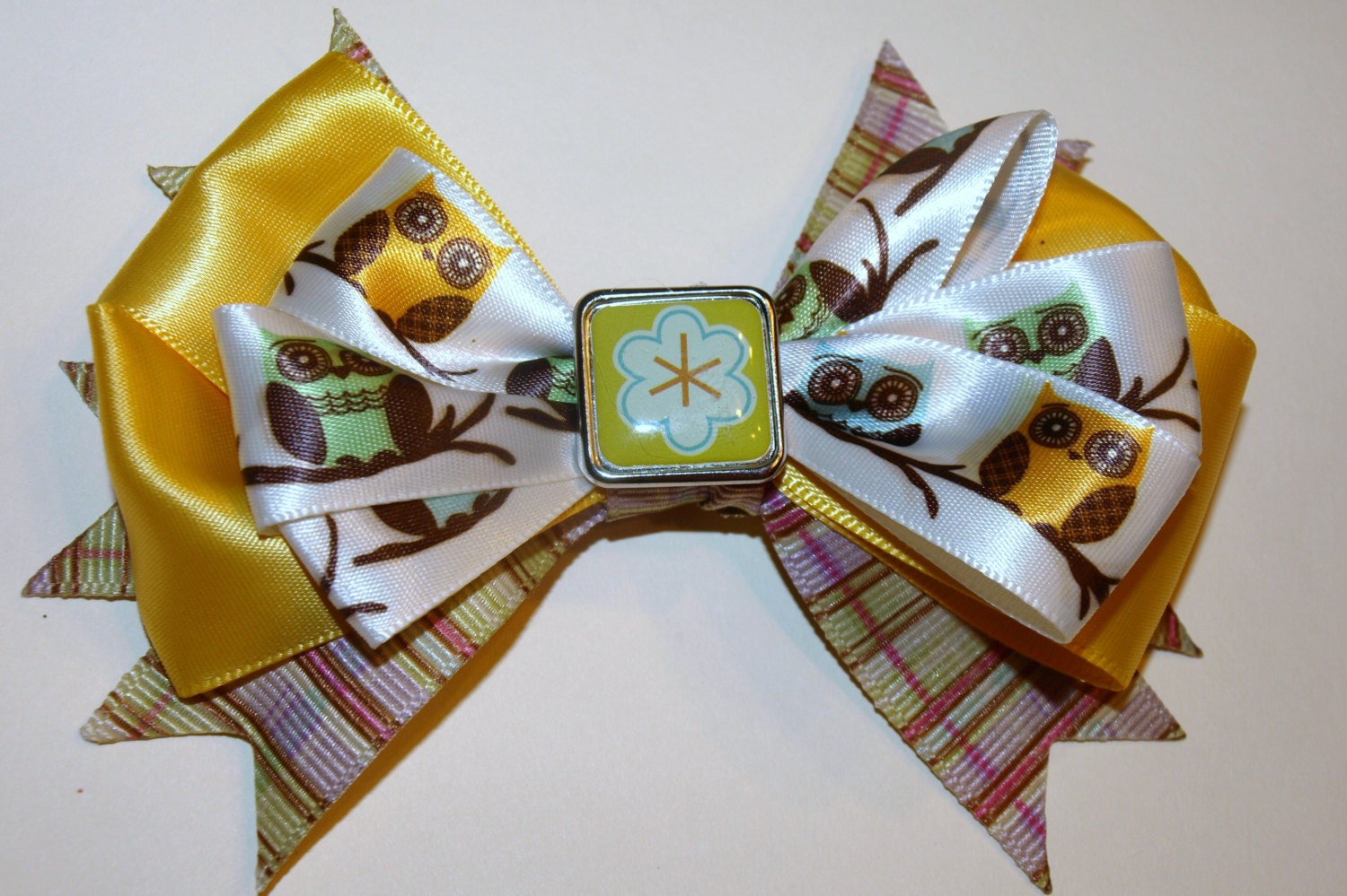 yellow spring hair bow- owl hair accessories- animal hair clip