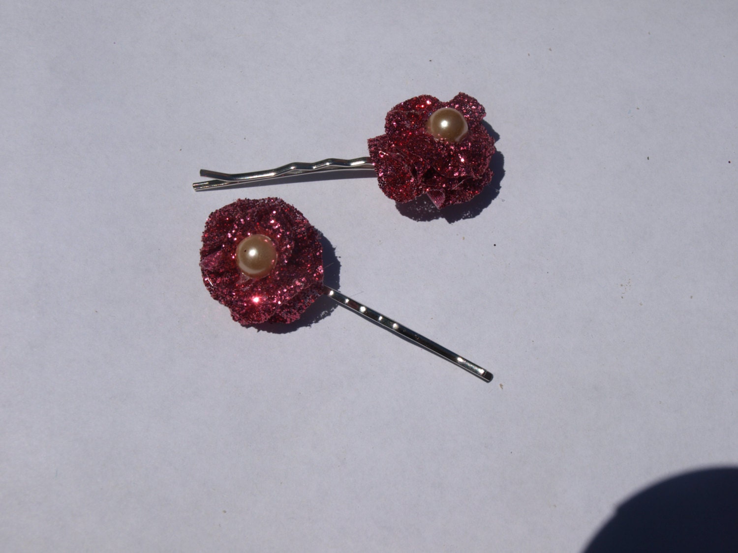 set of 2 pink sparkly bobby pins-spring hair accessories- flower hair pins