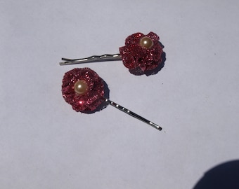 set of 2 pink sparkly bobby pins-spring hair accessories- flower hair pins