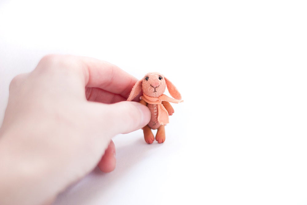 Apricot bunny in a matchbox. Tiny pocket rabbit. Stuffed animal toy. Miniature.