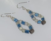 Opaque white Czech Druk Beads, blue and grey Miyuki Cube Beads Earrings