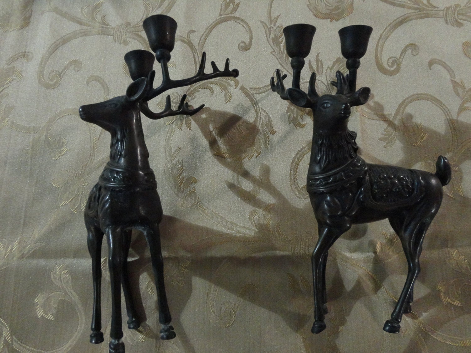 Beautiful Vintage Black Solid Brass Deer With Candelabra Very Heavy