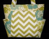 Chevron Tote Bag Purse Handmade Handbag in Olive Green/Teal